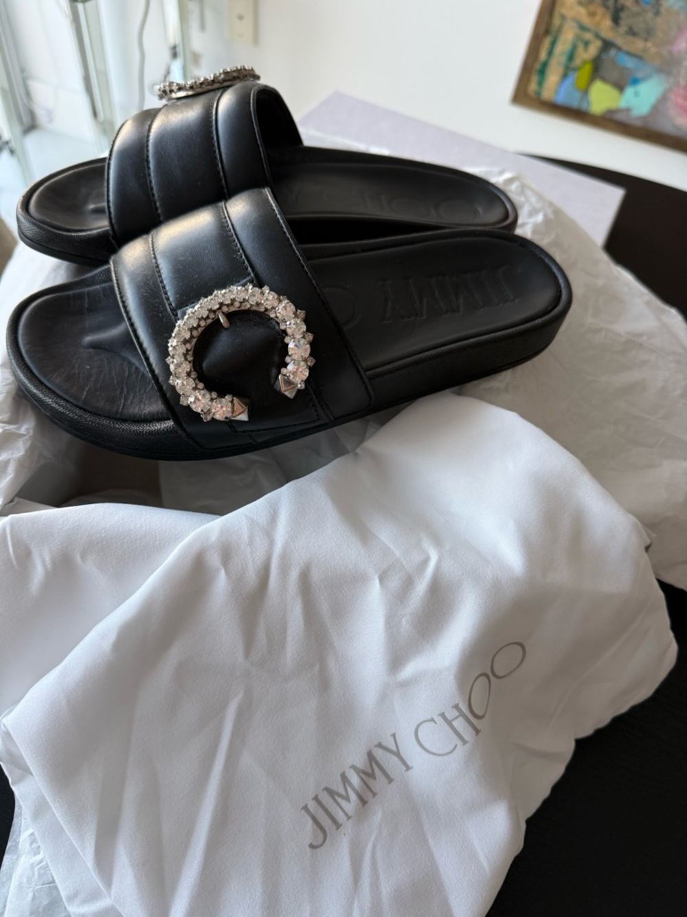 Jimmy Choo Black Leather Crystal Buckle Slide Sandals - Picture 3 of 6